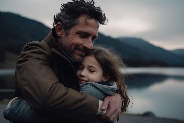 A father and daughter hug in front of a lake