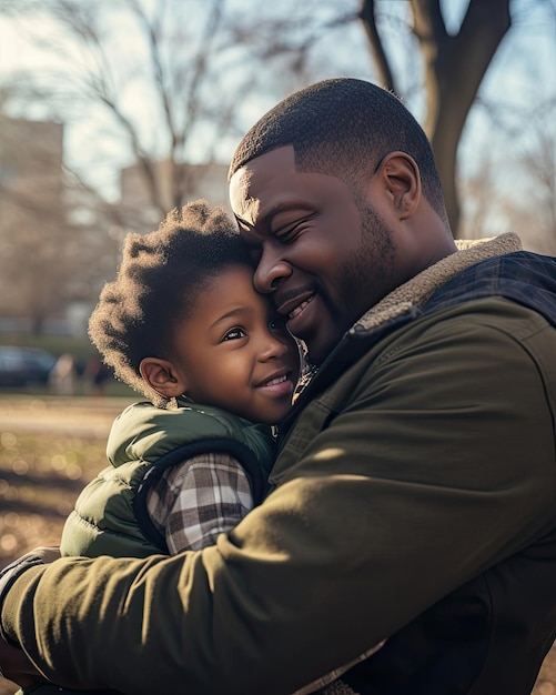 a father and daughter hug in the park.