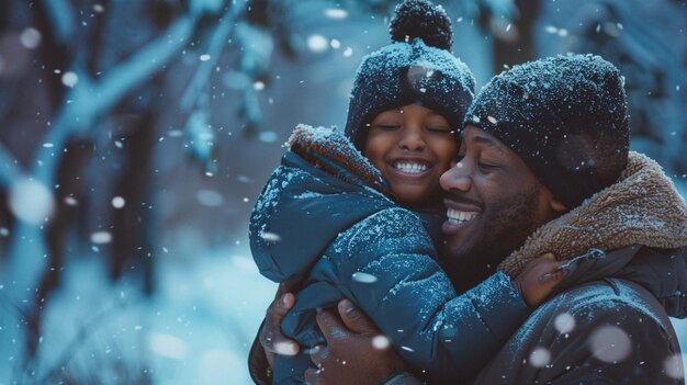 a father and daughter hug in the snow