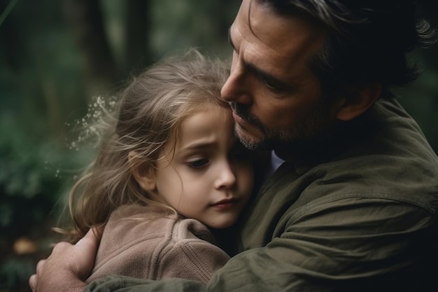 A father and daughter hug in the woods.