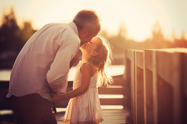 A father and daughter kiss in the sunset