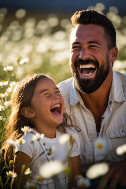 Foto padre e figlia che ridono in un campo di margherite