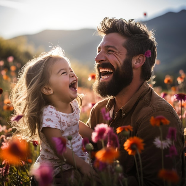 Father and daughter laughing in a field of flowers