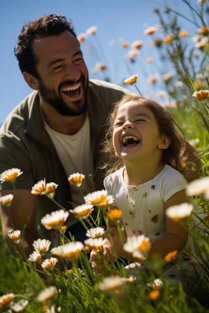 Father and daughter laughing in a field of flowers