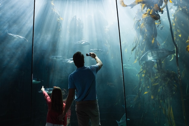 Father and daughter looking at fish tank