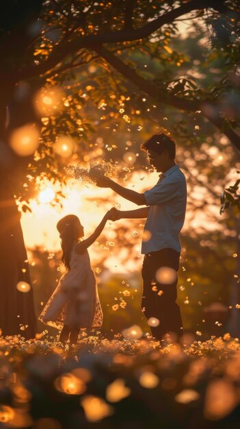 Father and daughter playing with glittering bubbles during sunset in a scenic park setting