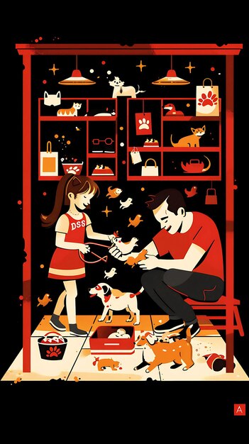 Photo father and daughter playing with pets together in a pet stor poster banner postcard tshirt design