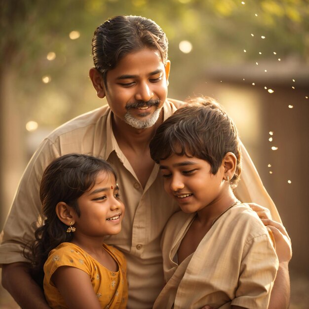 a happy family father mother son daughter posing for a professional photo  in a field at the edge of the forest