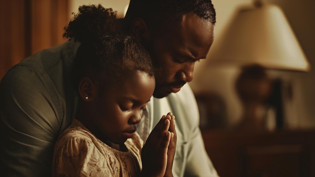 Photo a father and daughter pray together in a room