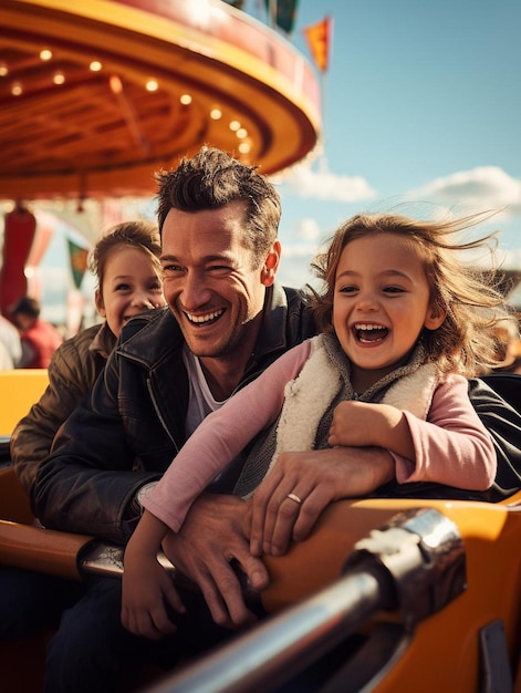 A father and daughter ride in a roller coaster.