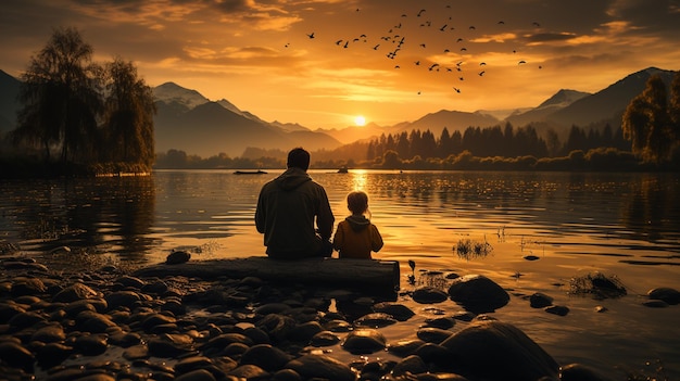 Father and daughter sitting on the shore of lake at sunset Concept of friendly familygenerative ai