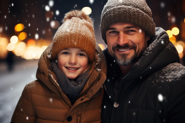 Father and daughter in a snowy Christmas park with their daughter posing for the camera