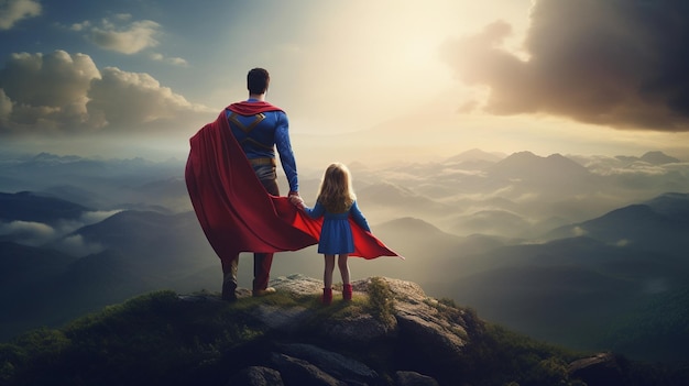 Photo a father and daughter stand on a mountain with the words superman on the back happy fathers day