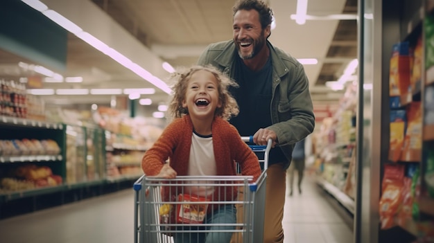 father daughter in supermarket background