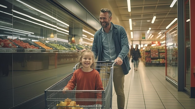 father daughter in supermarket background