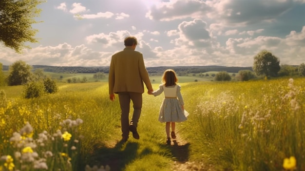 Father and daughter walking on meadow during sunny day