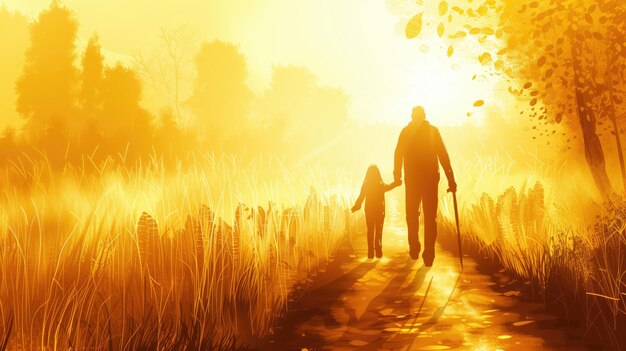 Father and daughter walking through a sunlit field