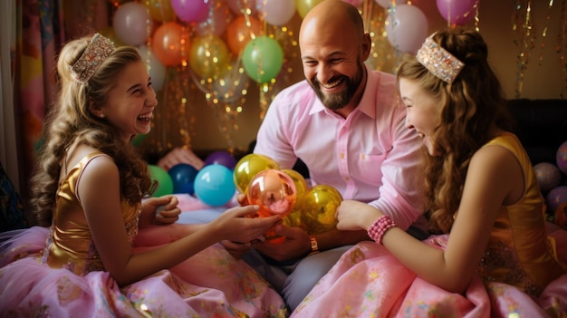 Father and daughters playing with balloons