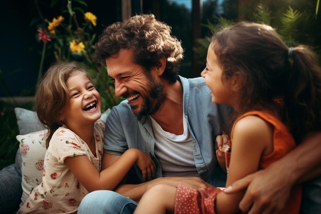 a father and daughters sit on a couch and smile.