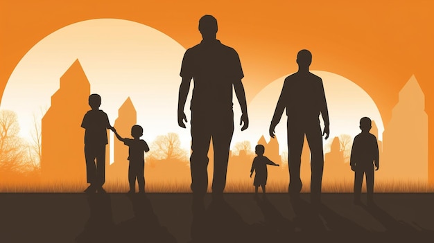 Father Day Contours of a group of children are walking next to dad wallpaper background AI generated