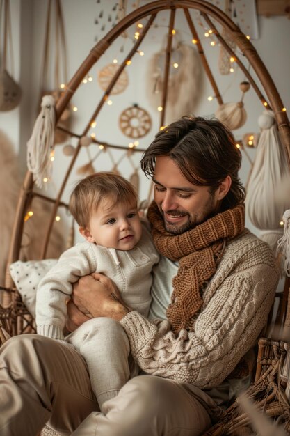 Отец обнимает ребенка рядом с колыбелью дома Концепция семейной любви