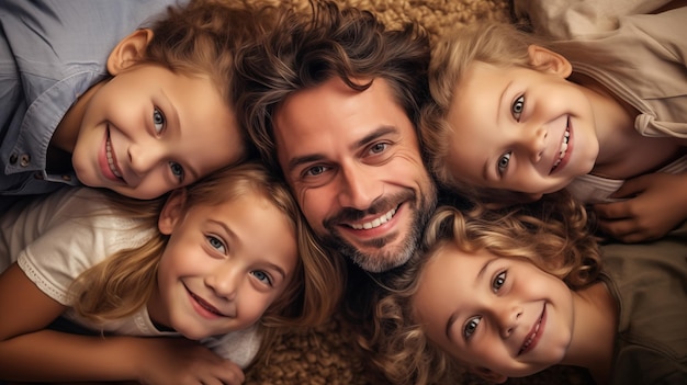 Foto padre e quattro figlie posano felici per una foto generata dall'ai