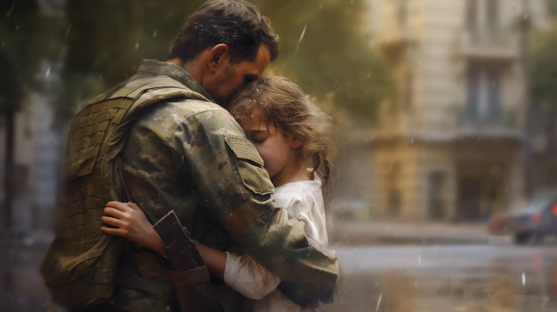 完全な軍服を着た父親は娘を抱き締めて任務に行く別れを告げていた