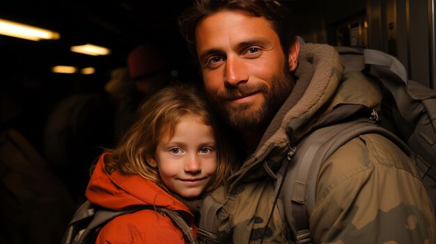 Father in full military uniform He was hugging his daughter to say goodbye to go on a mission