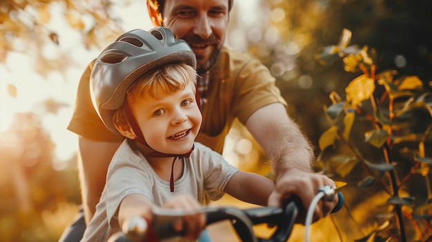 Father help his son ride a bicycle