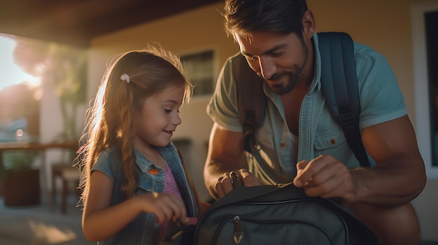 Father helps his schoolgirl daughter pack a backpack for schoolCreated with Generative AI technology