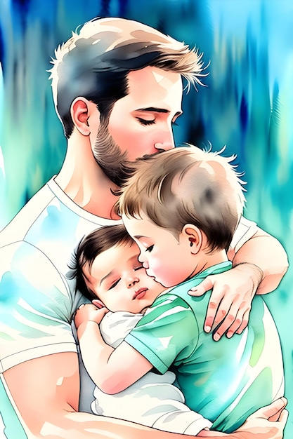 A father and his baby are hugging him.