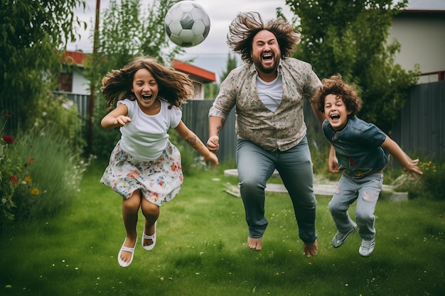 Foto un padre e i suoi figli si divertono a giocare a calcio nel cortile sul retro