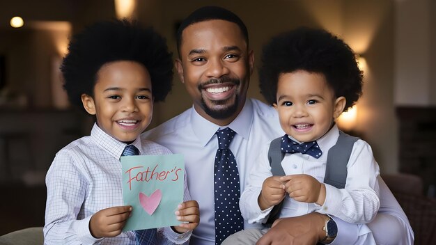 Photo a father and his children holding a card that says fathers day
