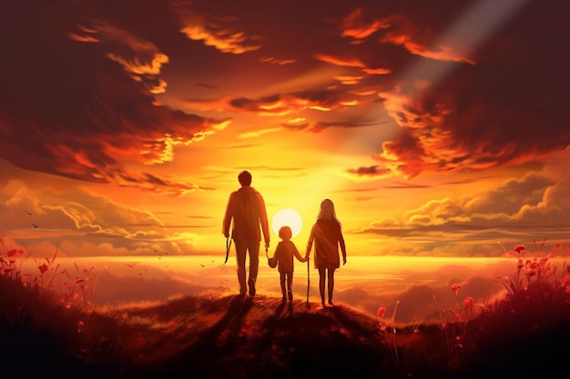 A father and his children stand on a hill with the sun behind them.