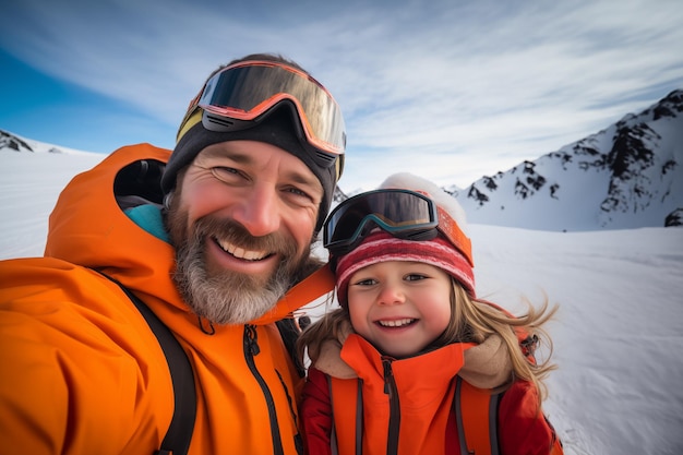a father and his daughter take a selfie while enjoying the snow at the ski resort
