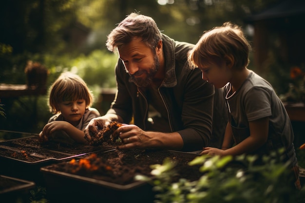 Отец и его дети вместе занимаются садоводством Генеративный искусственный интеллект
