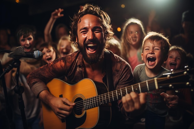 Photo father and his kids singing together generative ai