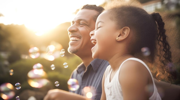 Father and his little child playing with bubbles during the golden hour