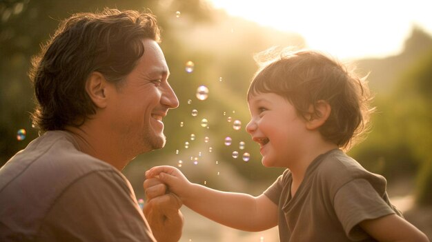 Father and his little child playing with bubbles during the golden hour