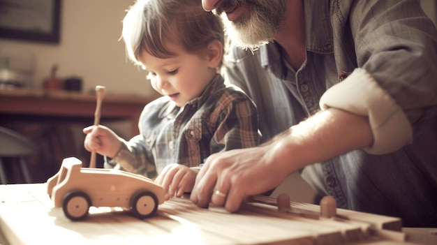 Father and his little child playing wooden car together during the golden hour