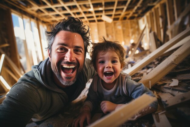 Father and his little son having fun in their unfinished house