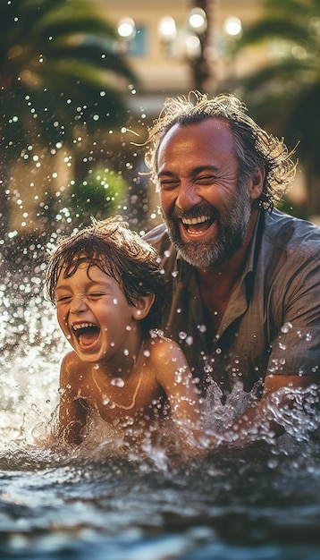 A father and his son playing in a fountain on a hot summer day