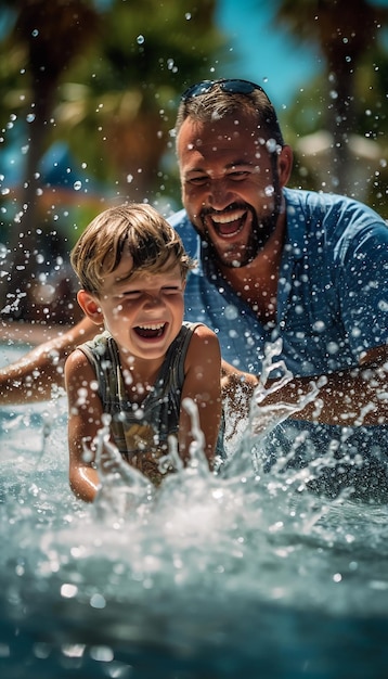 A father and his son playing in a fountain on a hot summer day