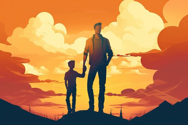 A father and his son stand atop a hill silhouetted against a stunning sunset