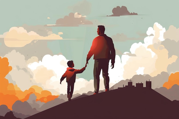 A father and his son stand on a hill gazing out at a picturesque sunset the sky awash with vibrant colors