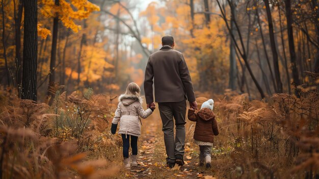 A father and his two children are walking in the woods The leaves are turning brown and orange and the sun is shining through the trees