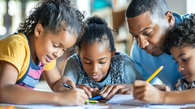 Photo a father and his two daughters are sitting at a table and drawing together they are all smiling and appear to be enjoying themselves