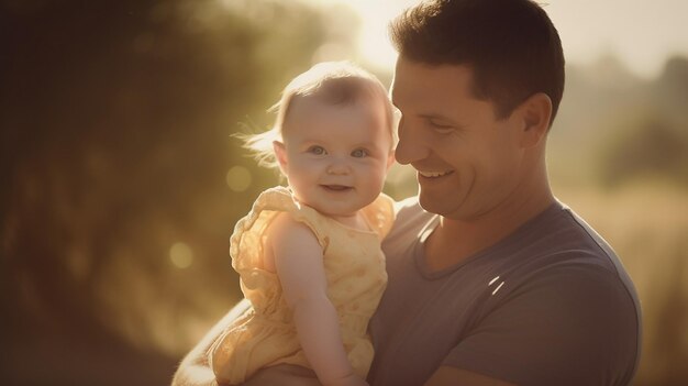 赤ちゃんを抱いてカメラに向かって微笑む父親