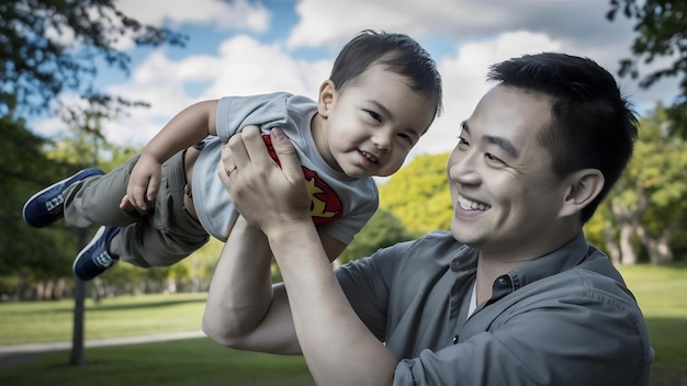 Photo father holding his son in the air