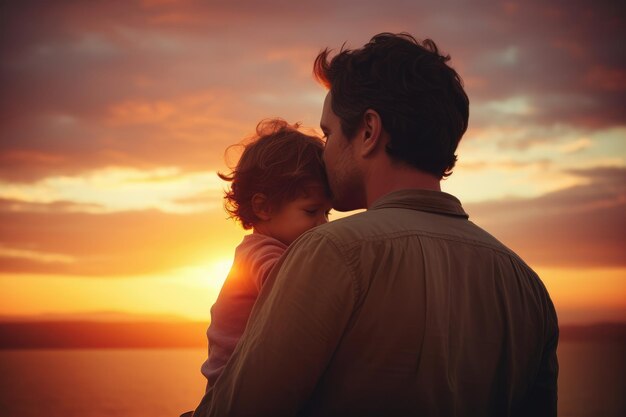Father holding son on his lap at sunset Father's Day celebration image